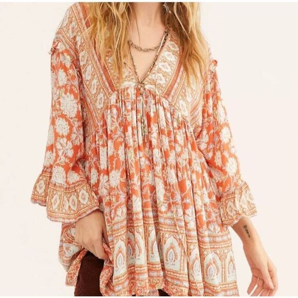 FREE PEOPLE MOONLIGHT DANCE ORANGE & CREAM TUNIC SZ.XS EUC - Picture 1 of 10